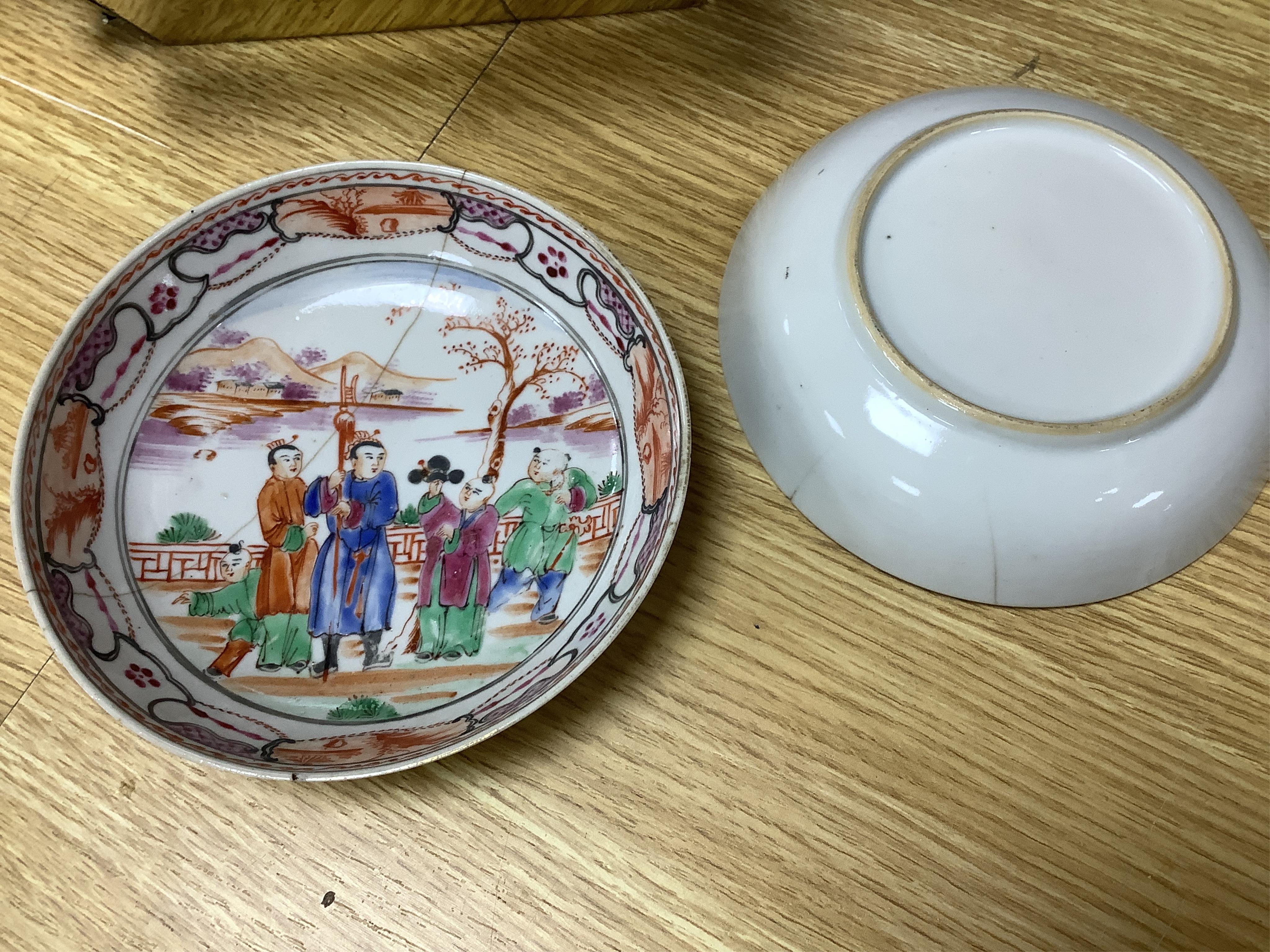 A group of 18th century Chinese export porcelain tea and coffee ware, including Mandarin pattern teapot and cover, two coffee cups and saucers, a blue and white teapot and cover various famille rose coffee cups, etc.